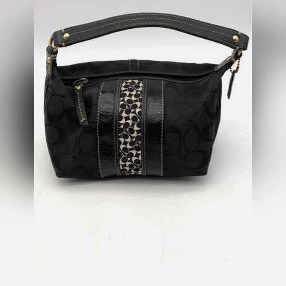 COACH Hamptons Signature 41047 Black White Jacquard Patent Leather Handbag Satch - Picture 2 of 7